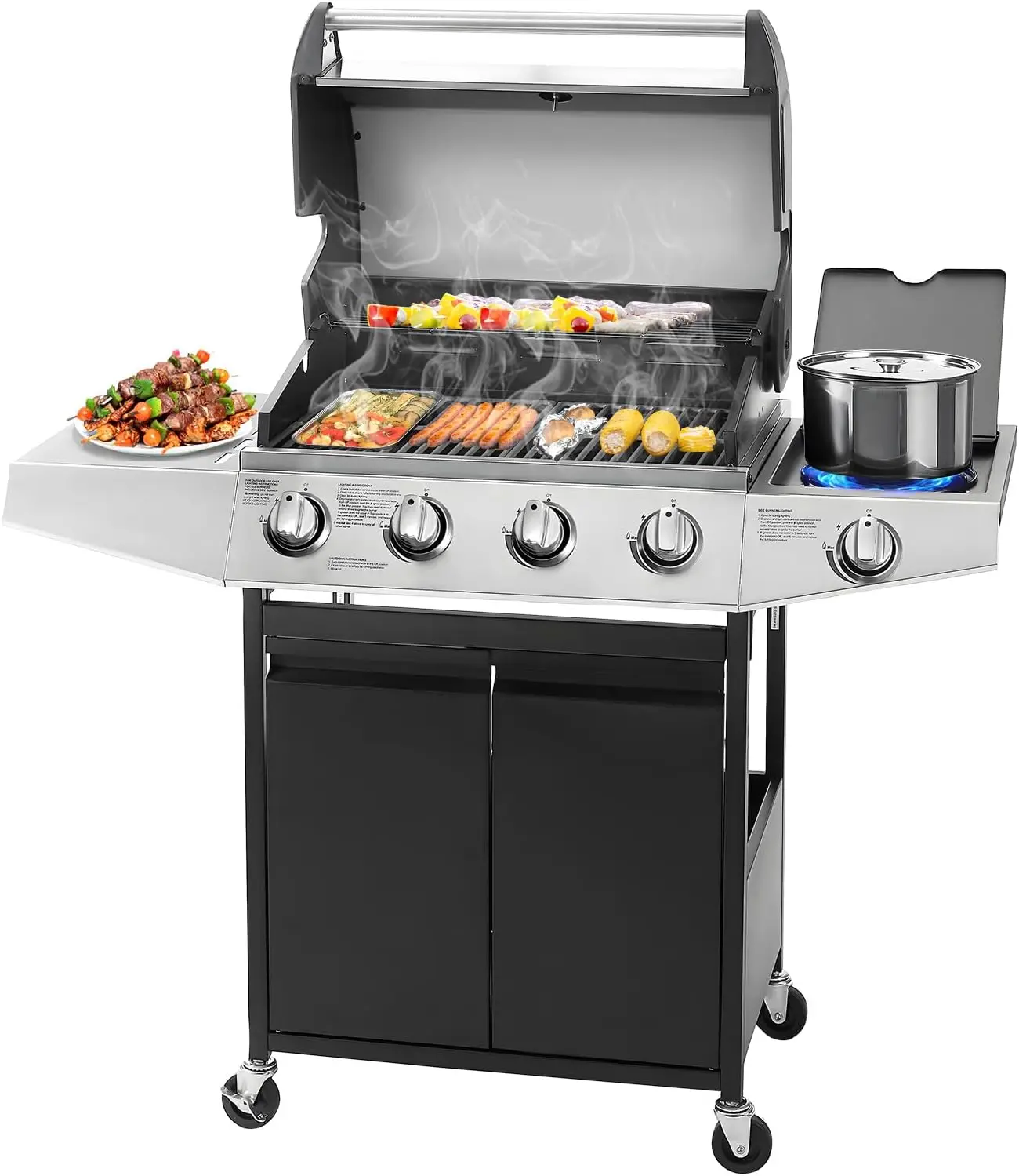 4-Burner Propane Gas BBQ Grill with Side Burner & Porcelain-Enameled Cast Iron Grates Built-in Thermometer, 49,000 BTU O