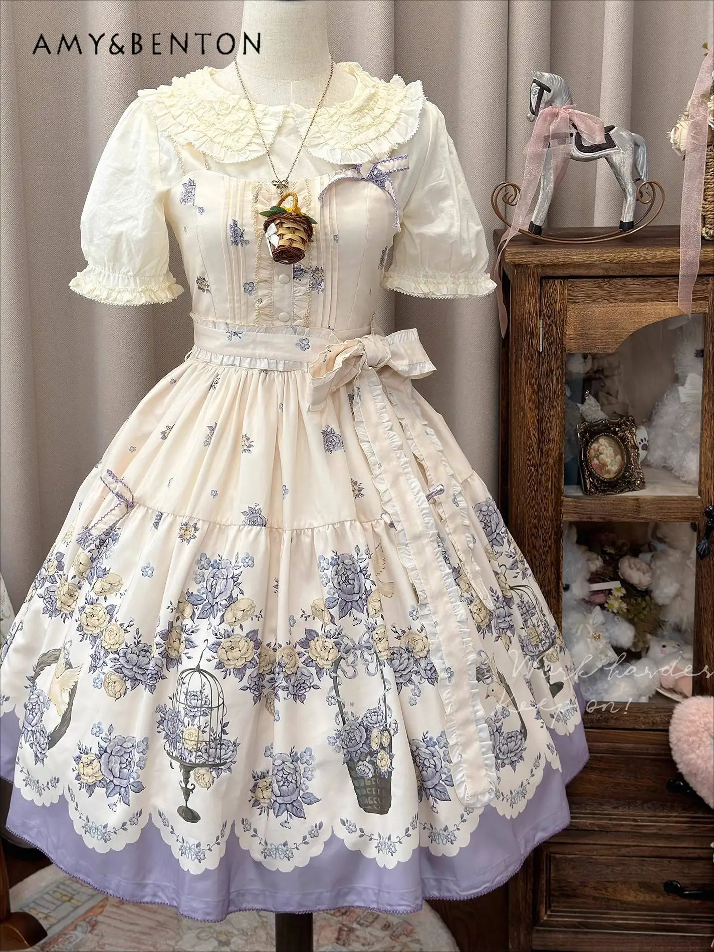 

Pastoral Style Retro JSK Dress Daily Cla Original Cartoon Printed Bow Belt Slim Strap Dress for Women Sweet Mid-length Dresses