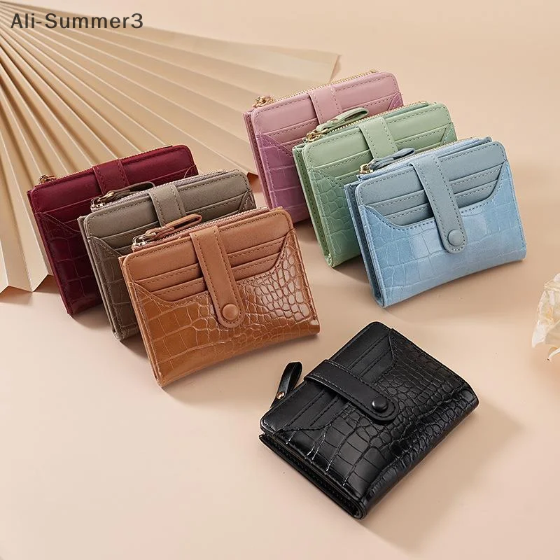 Multi-card Slots Women Short Wallet Fashion PU Leather Solid Color Zipper Clutch Crocodile Print Waterproof Card Bag Coin Purse