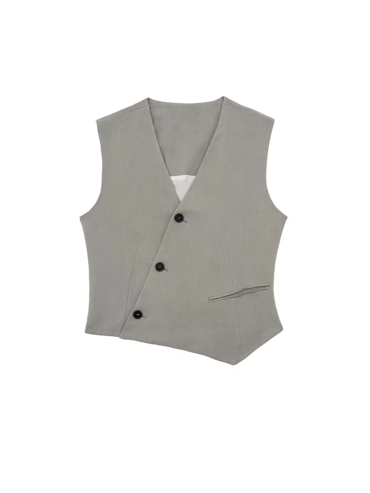 

TRAF Women Fashion Front Button Asymmetric Waistcoat Vintage V Neck Sleeveless Female Outerwear Chic Vest Tops Casual Clothes