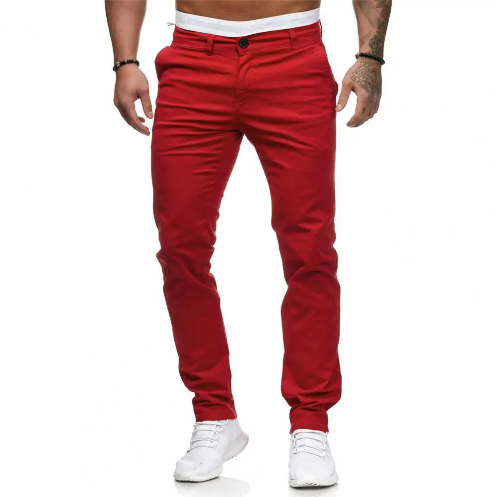 

Men Pants Mid Waist Zipper Button Closure Thin Pockets Solid Color Slim Fit Breathable Casual Ankle Length Pencil Pants Men