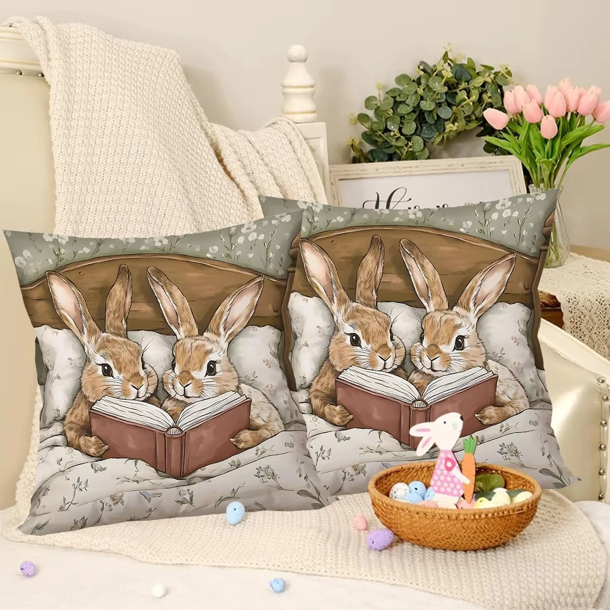 1pcs Easter Throw Pillow Cover Rabbit Eggs Decorative Pillowcase for Sofa Bed Cushion Case for Spring Holiday Home Decor Easter