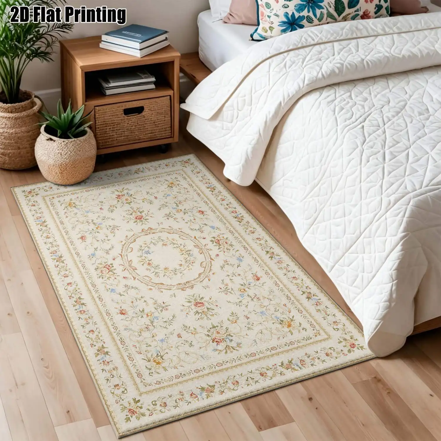 1Pc 2D Printed Beige Base Pink Floral Carpet: European Retro Geometric Line Rug for Home Decor, Multi-Size, Machine Washable, Ideal for Living Room, Bedroom, Dining Room, Entrance & Study