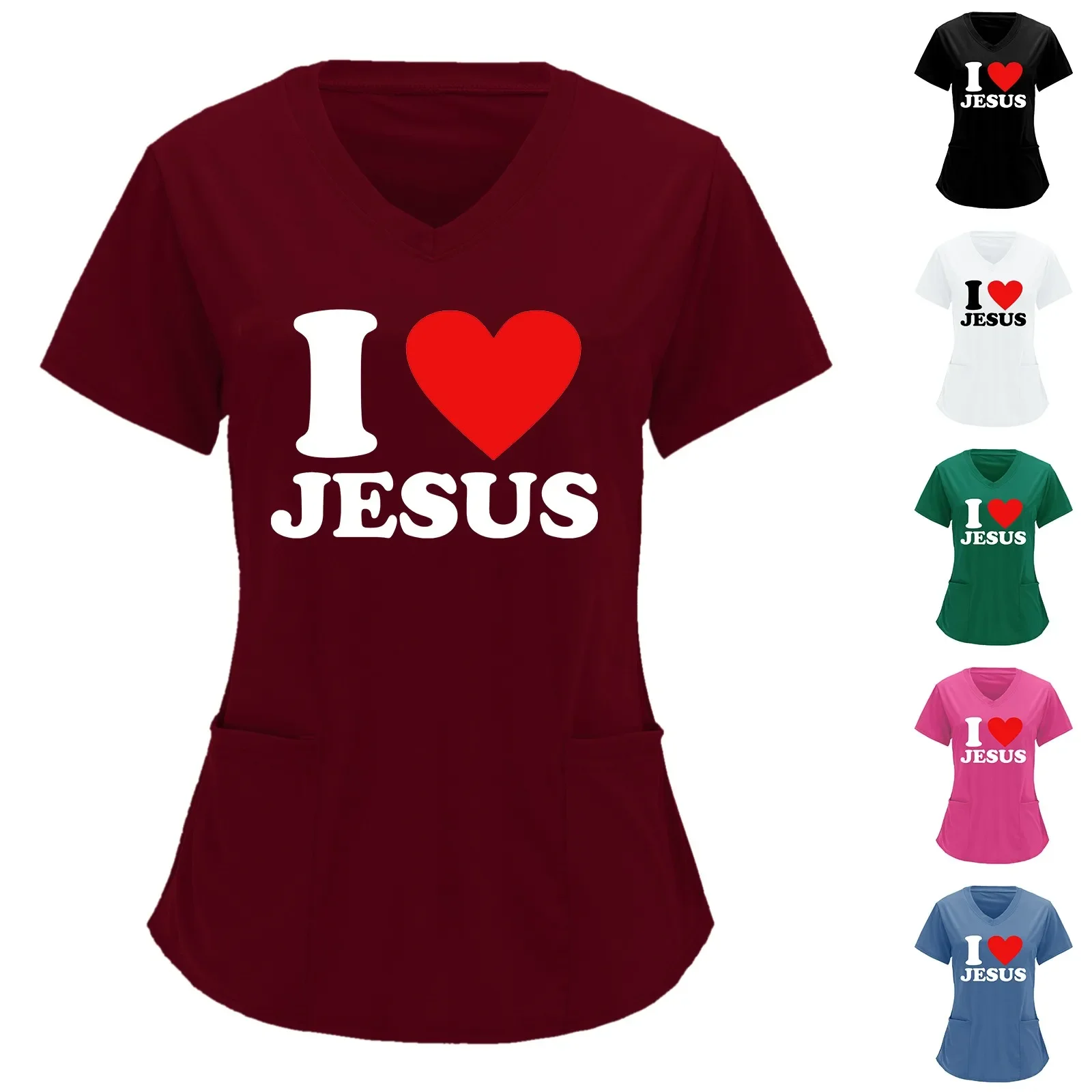 I Love Jesus 여성 티셔츠 간호사 유니폼 오버올 포켓 셔츠, 간호 의료 의료 스크럽 간호사 탑