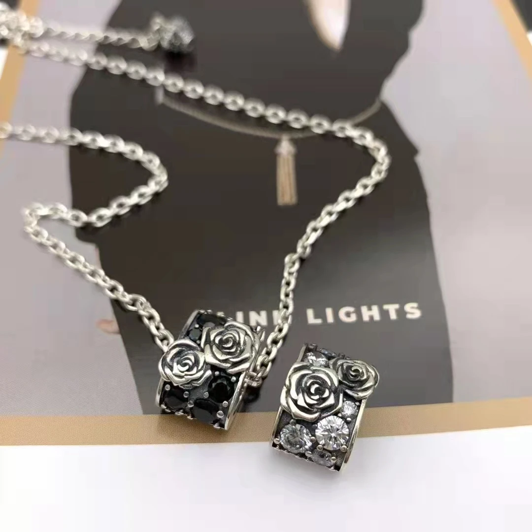 Internet celebrity student jewelry, beautiful pure silver inlaid with diamonds, rose road and road pendant necklace, short women