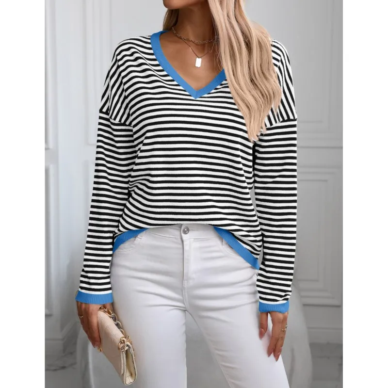 2024  Autumn Women's V-neck T-shirt Striped Contrasting Casual Short Top Fashionable Loose Long Sleeved Pullover Knitted Sweater