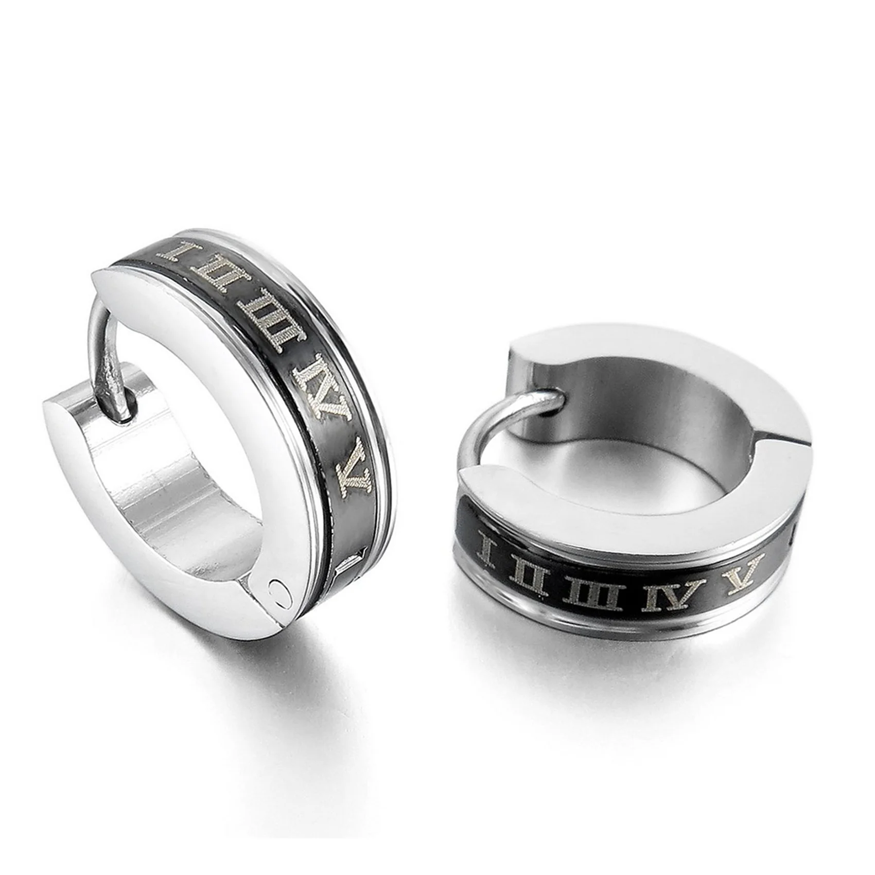 Hot kf-4X Stainless Steel Stud Plugs Hoop Earrings Ear Studs Black Silver Color Roman Numerals Classic Polished Men, Women