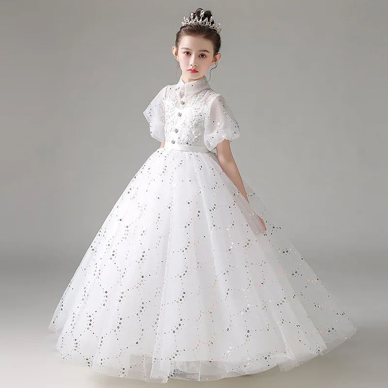 

Child Girls Evening White Dress for Wedding Elegant Party Formal Sexy Sequin Long Dresses Puff Sleeve Birthday Frock Ball Gown