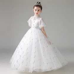 Child Girls Evening White Dress for Wedding Elegant Party Formal Sexy Sequin Long Dresses Puff Sleeve Birthday Frock Ball Gown