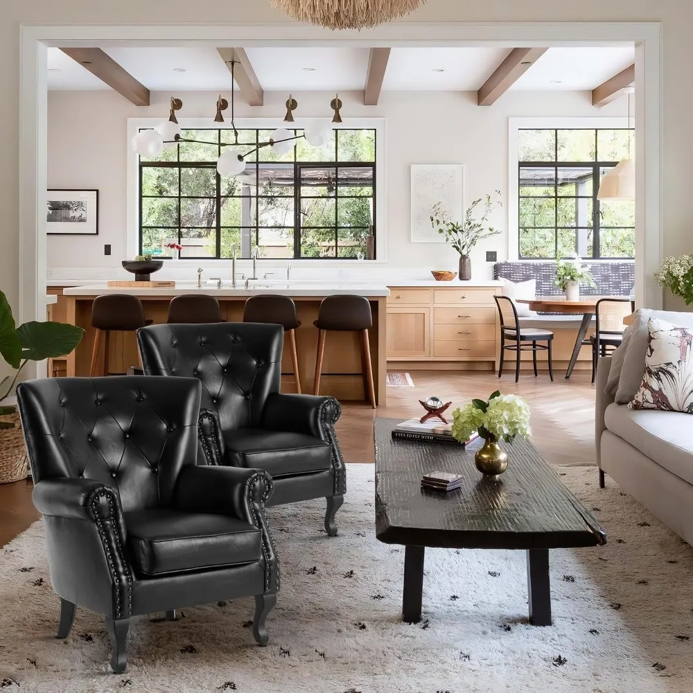 كرسي من جلد البولي يوريثان، كرسي بذراعين حديث لغرفة المعيشة، كرسي نادي منجد مع حواف برشام، كرسي أريكة في منتصف القرن