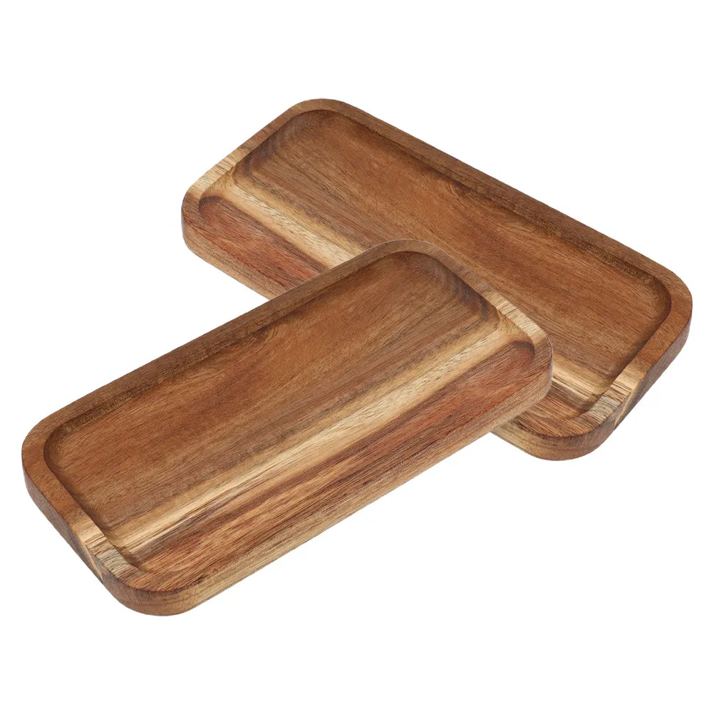 2Pcs Rectangular Wooden Tray Food Serving Plate Decorative Snack Fruit Dessert Tray for Tea Room Restaurant Hotel Guest Room