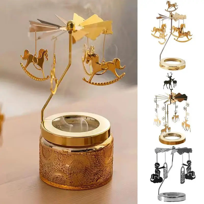 Rotating Candle Holder Romantic Spinnings Metal Tray Tea Light Holder Home Party Carousel Decoration Table Centerpiece Ornament