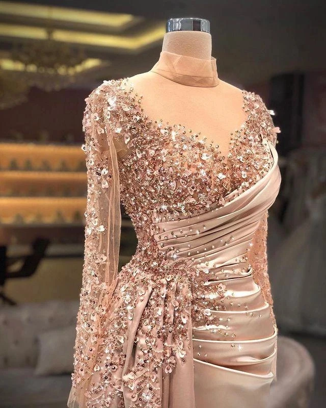 2024 Mermaid Sexy Prom Dresses Sheer Neck Beaded Sequins Arabic Aso Ebi Luxurious Blush Pink Long Sleeve Evening Gowns Plus Size