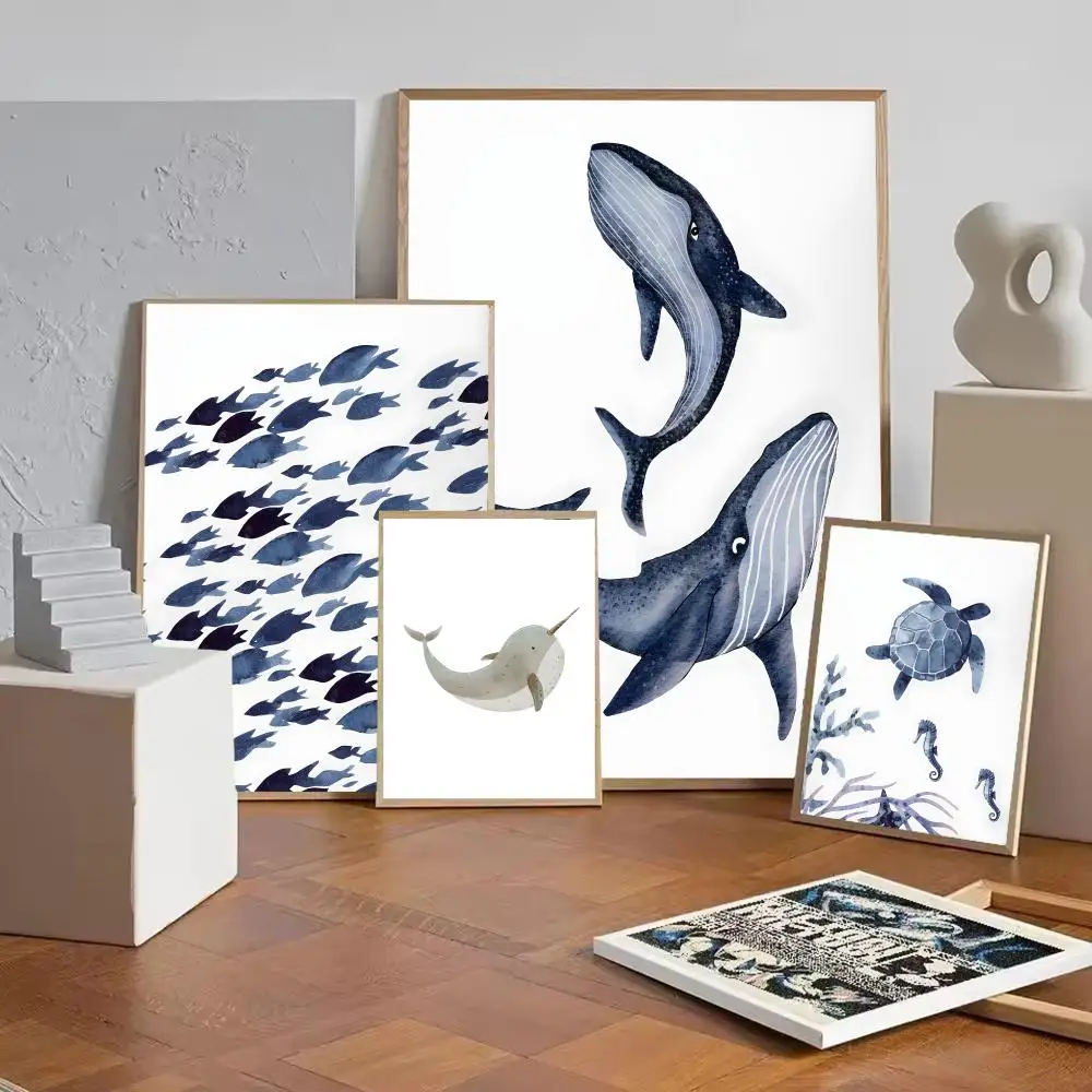 Ocean Animal Shark Turtle Dolphin Whale Fish Poster Wall Art Poster Sticker For Living Room Bar Bedroom Home Decoration