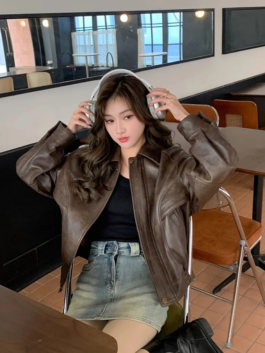 

2025 New Casual Vintage Genuine Sheepskin Haifeng Leather Jacket Women's Motorcycle Jacket Zipper Straight Tube Regular Long ...