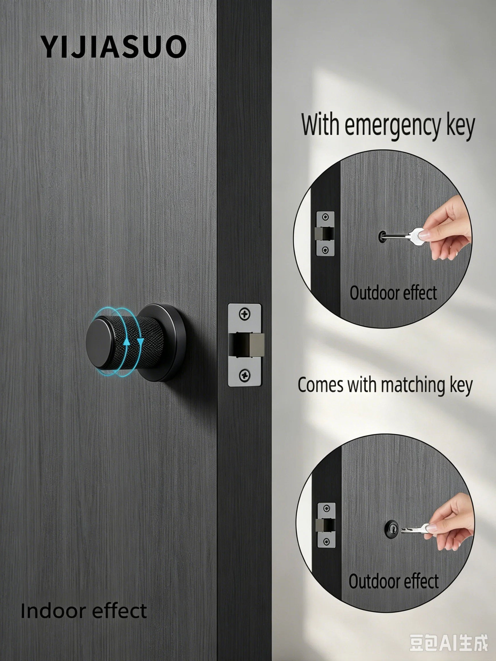 Minimalist Invisible Interior Door Lock, Single & Double Sided Concealed Hidden Lock with Keys for Bedroom Wooden Door