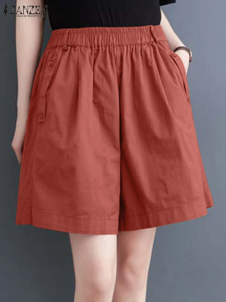

ZANZEA Casual Loose 2025 Summer Fashion Short Pants Everyday Elastic High Waist Commute Solid Color Women's Wide-Leg Shorts