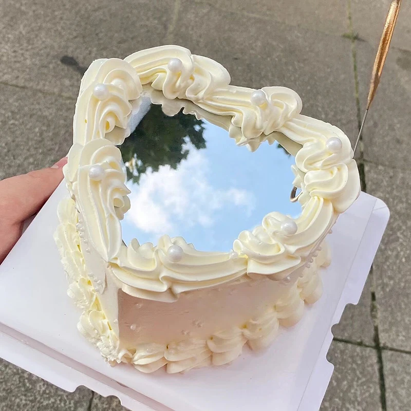 New Round Mirror Acrylic Cake Toppers Heart Shape Baking Cake Disc Tray For Wedding Baby Birthday Party Dessert Decoration Tools
