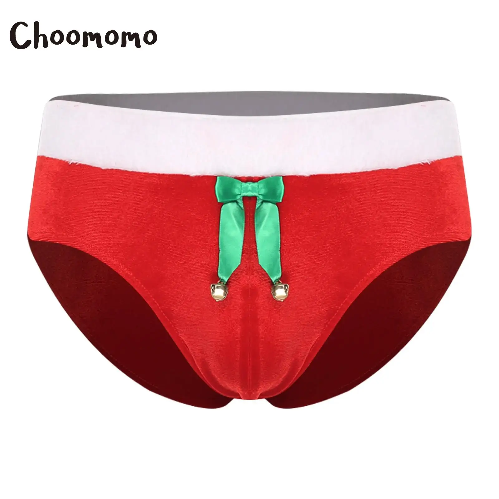 

Mens Christmas Velvet Underwear Santa Clause Briefs Panties Plush Waistband Bulge Pouch and Bow Bells for Xmas New Year Party