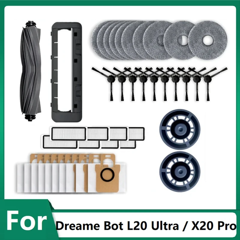 42PCS For Dreame Bot L20 Ultra / X20 Pro Robot Vacuum Replacement Spare Parts Kit Main Side Brush Hepa Filter Mop Dust Bag