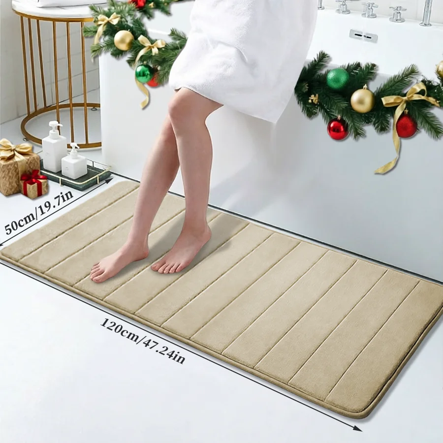 1Pc Soft and Comfortable High-Quality Coral Fleece. Geometric Pattern with Embossed Horizontal Stripes Design. Large Size Luxury Memory Foam Absorbent Bathroom Mat. Anti-Slip Bottom Design with Plum Blossom Pattern. 6 Colors Available. Suitable for Bathroom/Kitchen/Entryway/Indoor Area/Laundry Room/Living Room/Shower Area/Home/Office/Hotel/B&B