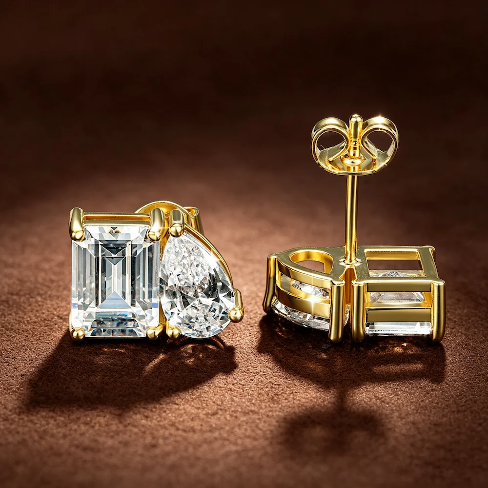 Rrjzz Ohrstecker für Damen, 5 x 7 mm, Smaragdschliff und 5 x 8 mm, birnenförmiger Schliff, im Labor hergestellter Zirkonia, 14 Karat vergoldet, 2 Steine, Schmuck, Geschenk – Detail 6