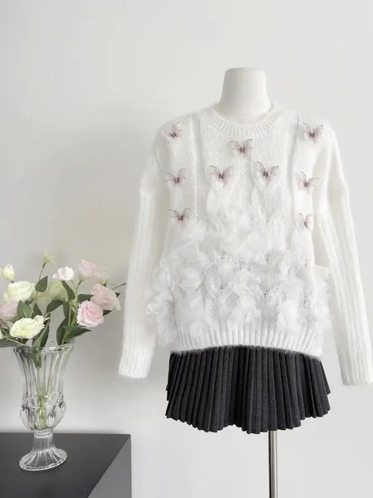 Doux Anti-âge 3D fleur perlée noeud pull femmes printemps automne ample minceur doux haut tricoté