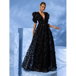 Summer 2024 Women Black Dress Short Sleeve Deep V Neck Wedding Formal Occasion Cocktail Prom Evening Party Long Maxi Dresses