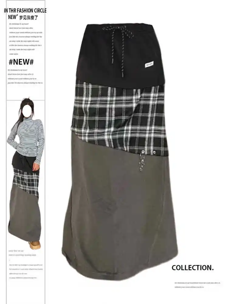 Women Japanese Fashion Abi 2000s Aesthetic Midi Plaid Spliced Plaid Skirt A-line Elastic Waist Harajuku Cyber Punk Goblin Core