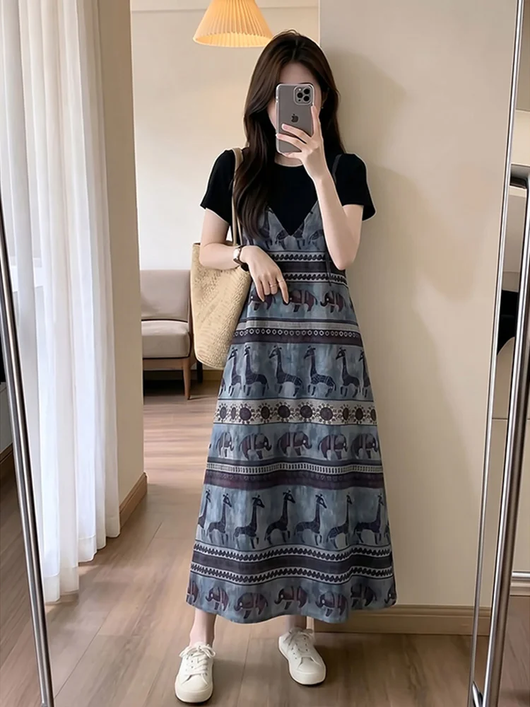 Slimming Effect Korean Style Two-Piece Set round Neck V-Neck Women's Summer New Style Inner Wear Strap Dress Casual High Wais...