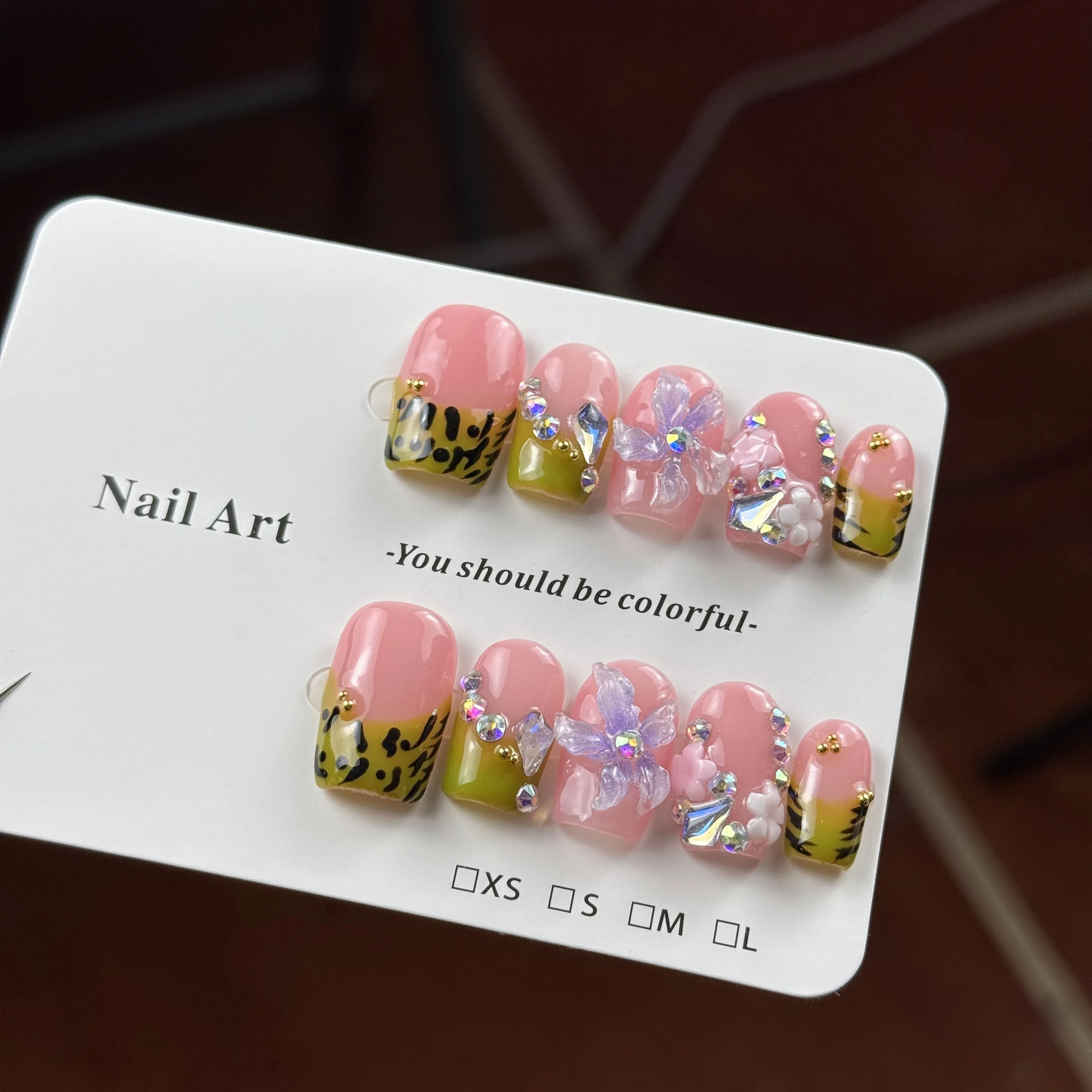10pcs high-end Sweet and cool style, cream green leopard print, hand-painted three-dimensional carvings, shiny pile diamonds