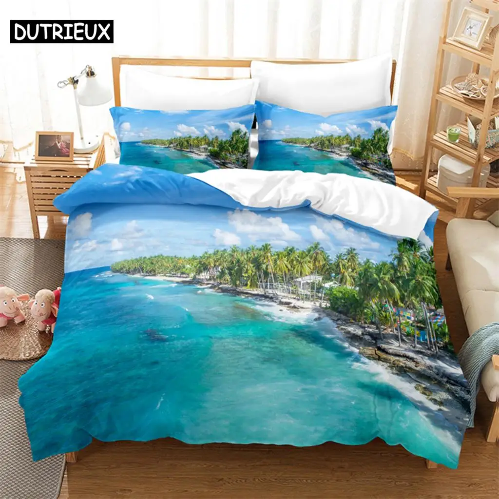 

3D Digital - Printed Seaside Beach - Themed Queen - Sized Duvet Cover Set with Fashionable Design for Bed Linen