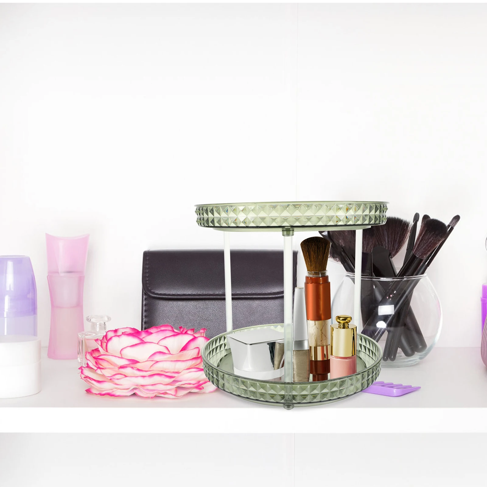

2 Tier Rotating Makeup Skincare Storage Perfume Tray Household Rack Storage Tray Perfume Cabinet Organizer