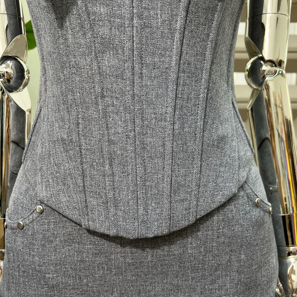 Verão 2025 cinza desossado espartilho superior alças de gravata bodycon mini saia conjunto feminino sexy glamour clubwear festa roupa de duas peças