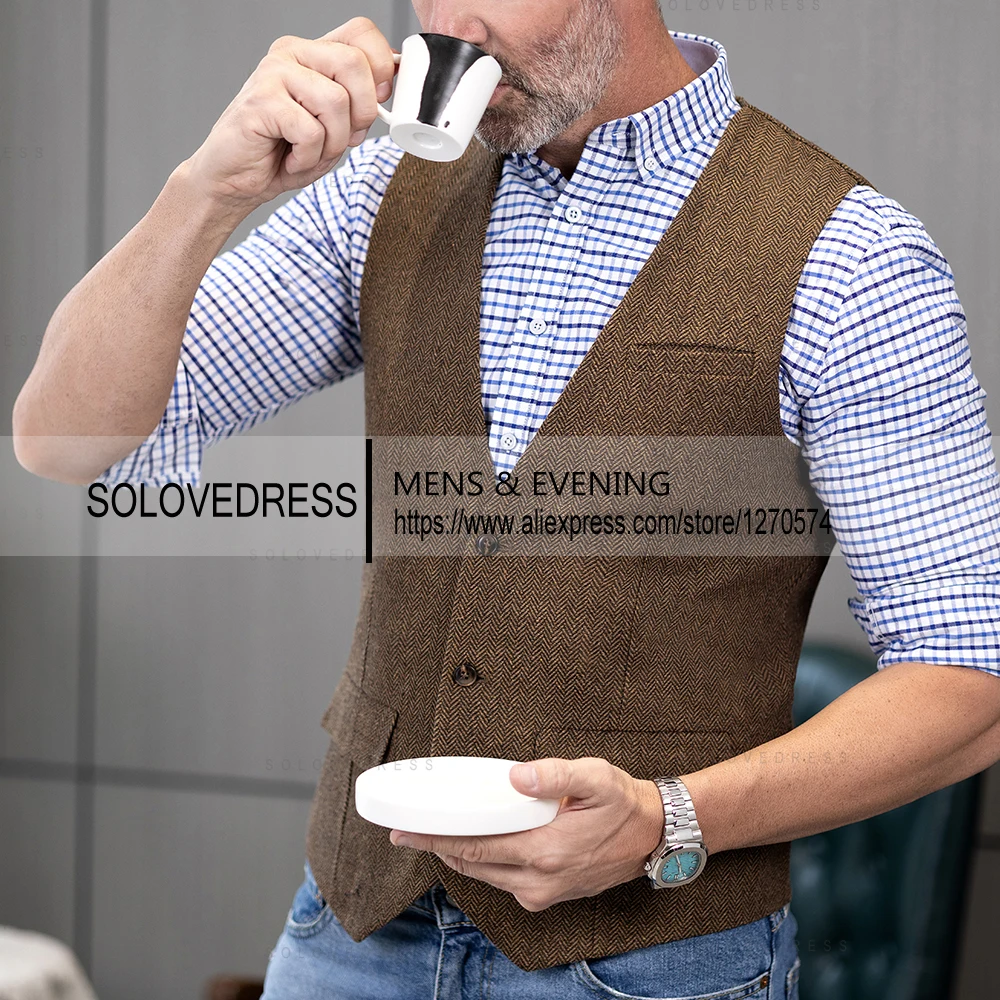 Mens Classic Herringbone Tweed Wool Suit Vest V Neck Slim Fit Waistcoat for Wedding Groomsmen