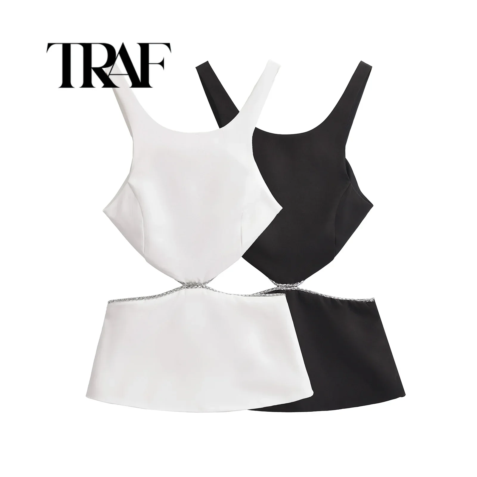 TRAF Shiny Diamonds Cut Out Women Tanks Summer Sleeveless Backless Slim Female Crop Top Y2K Vest Black White