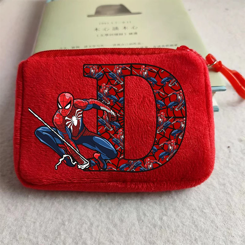 Marvels SpiderMans Kids Plush Coin Purse Boys Kawaii 26 Letter Printed Wallet Kids Portable Mini Storage Bag Child Birthday Gift