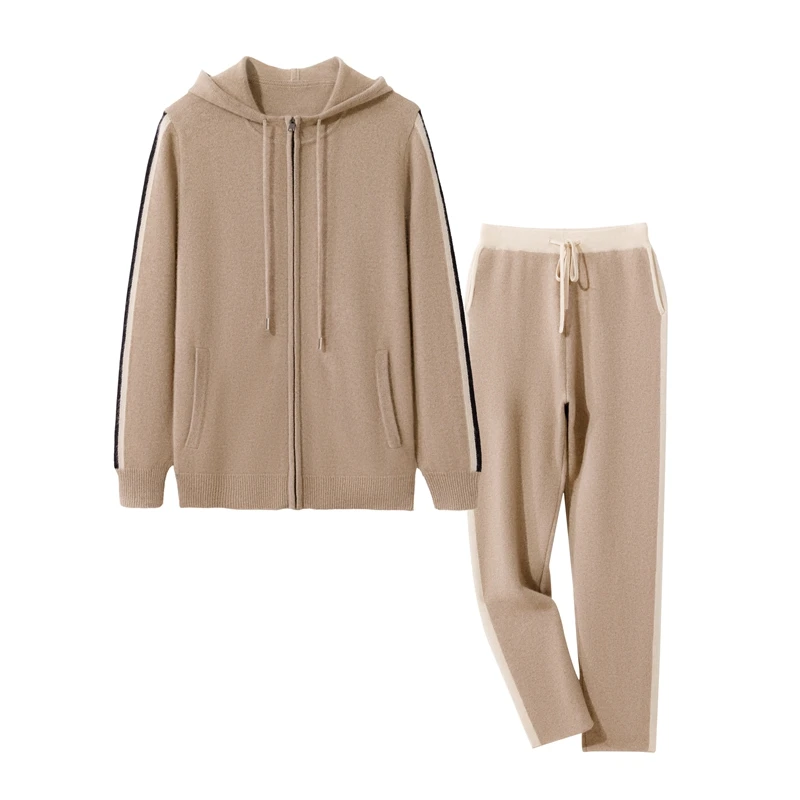 

Men's High Quality 100% Cashmere Casual Set with Hooded Zipper Cardigan Jacket And Long Pants with Pocket Sports Two-Piece Thick