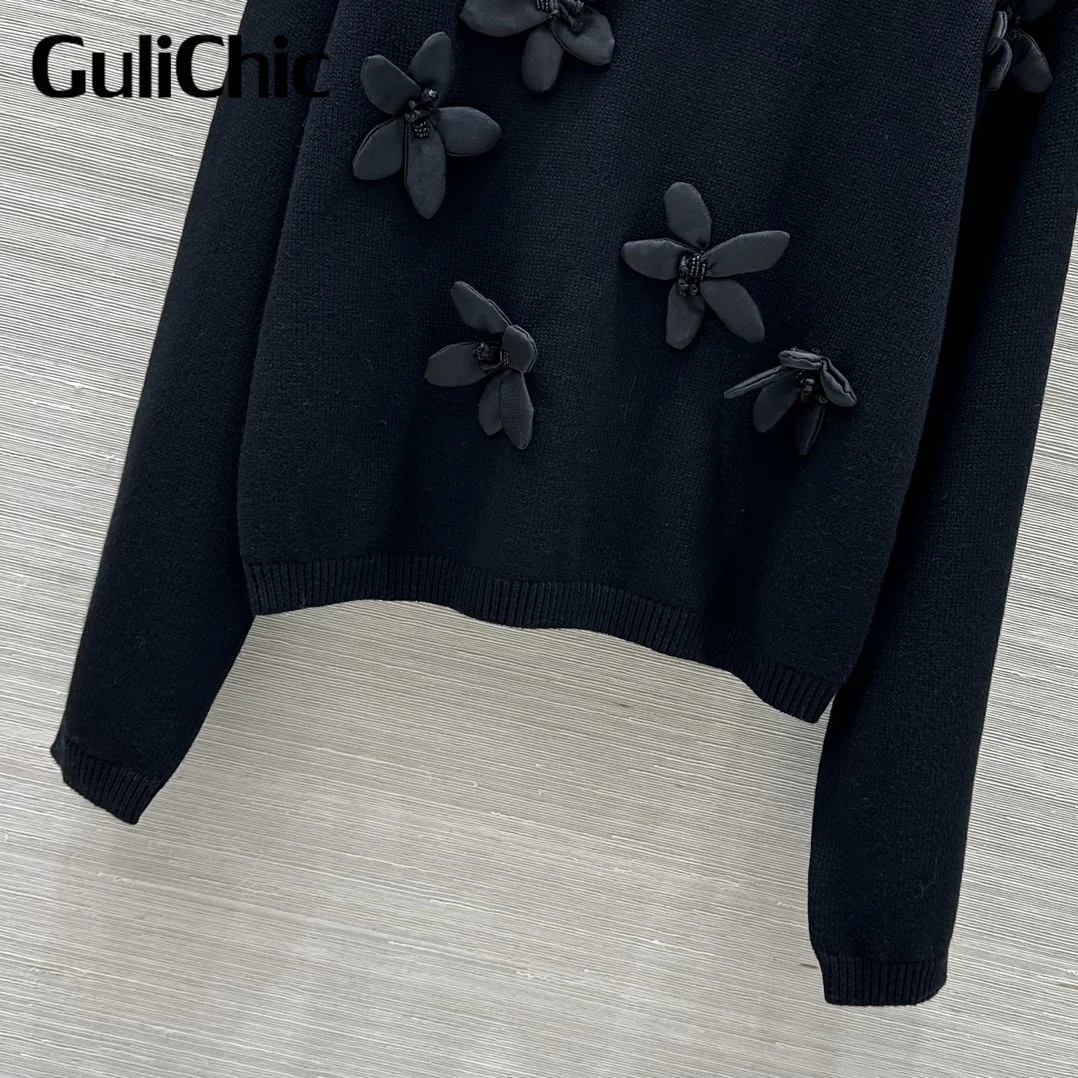 9.6 GuliChic 2024 New Women Sweet Temperament Elegant Wool Sweater 3D Flower Embroidery Long Sleeve Casual Knitwear