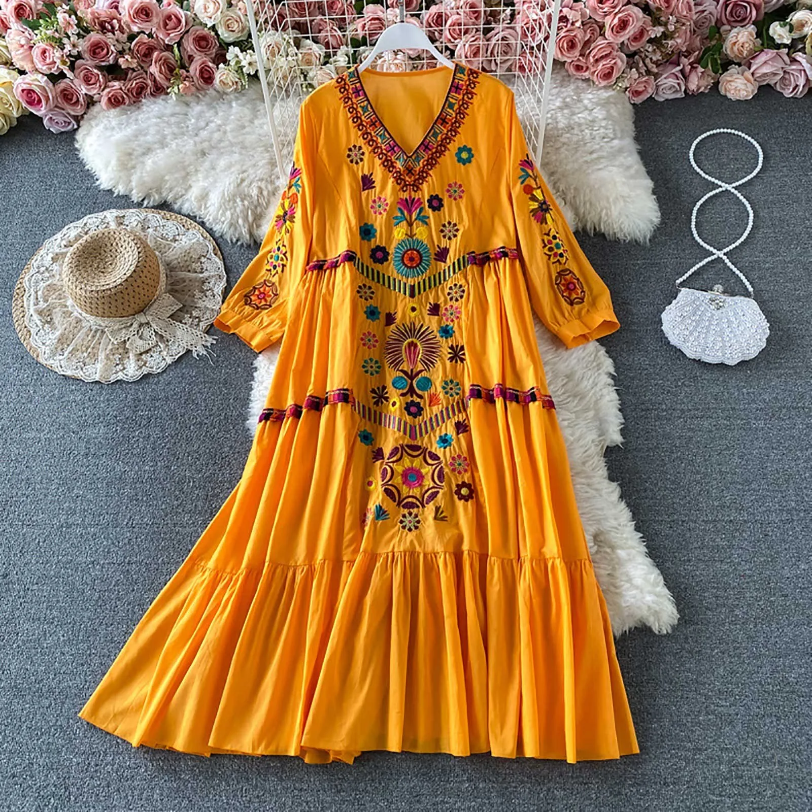 Womens Floral Embroidery Dress Summer V-Neck Half Sleeved Loose Maxi Dress Female Casual Bohemian Pleated Dresses Vestidos