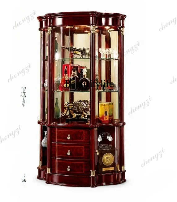 French antique glass wine cabinet, villa living room display cabinet against the wall, home decoration storage cabinet