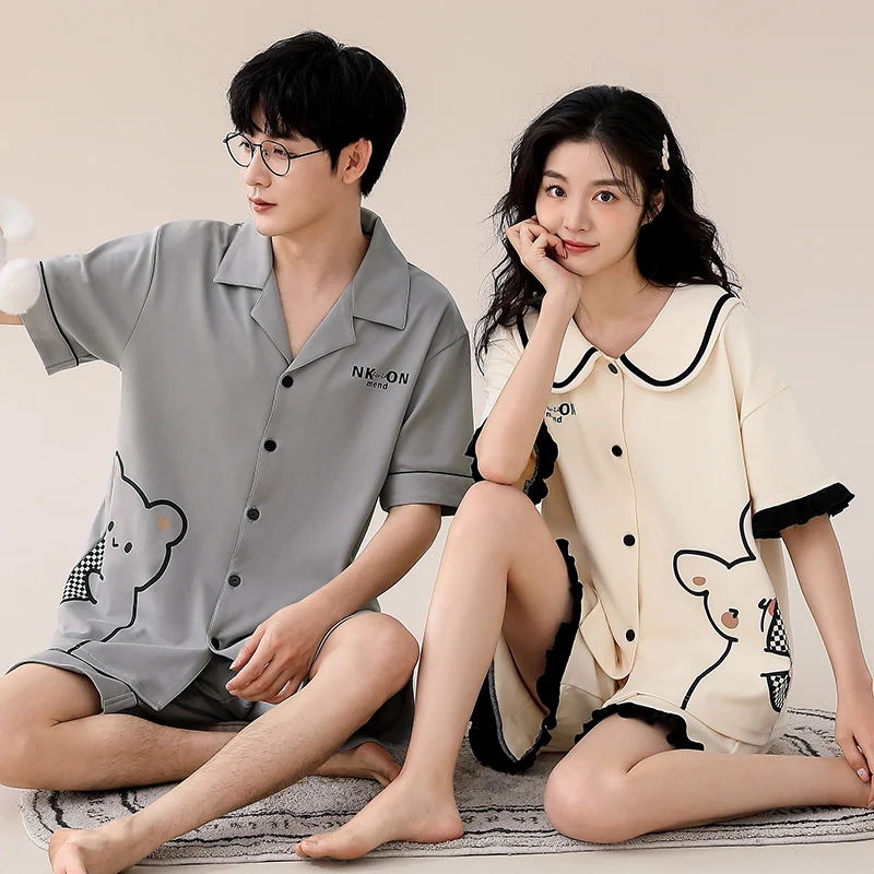 Couple Pajama Set Summer Cute Cartoon Short Sleeve Pyjamas 100% Cotton Men and Women Sleepwear