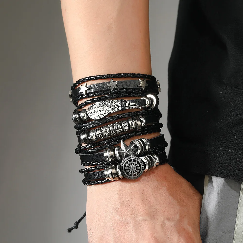 5 teile/satz geflochtene Wrap Leder Armbänder für Männer Vintage Leben Baum Ruder Charme Holz Perlen ethnischen Stammes Armband Seil Armband