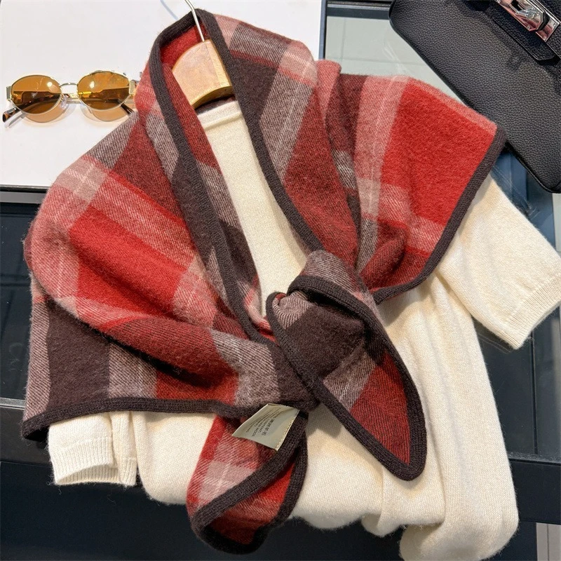 Hand Finished Edge 100% Wool Triangle Scarf for Women, British Plaid Winter Shawl, Warm Dual-use Neck Wrap Shoulder Cover