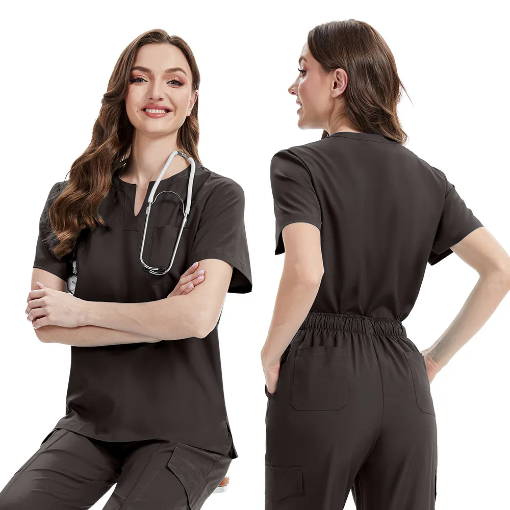 Unisex Notch Split Collar Medical Scrub Set Stretch Chest Pocket Straight Drawstring Pants Doctor Hospital Surgical Workwear