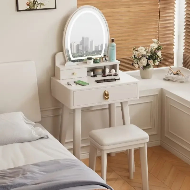 Modern Solid Rubberwood Dressing Table with Adjustable Luminous Mirror and Drawers for Bedroom Makeup Sets