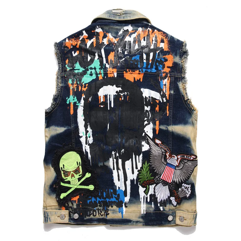 New Stylemen's Denim Jacket Sleeveless Vest S New Hot Selling Street Skull Embroidery Patch Graffiti Printing Motorcycle Sleevel