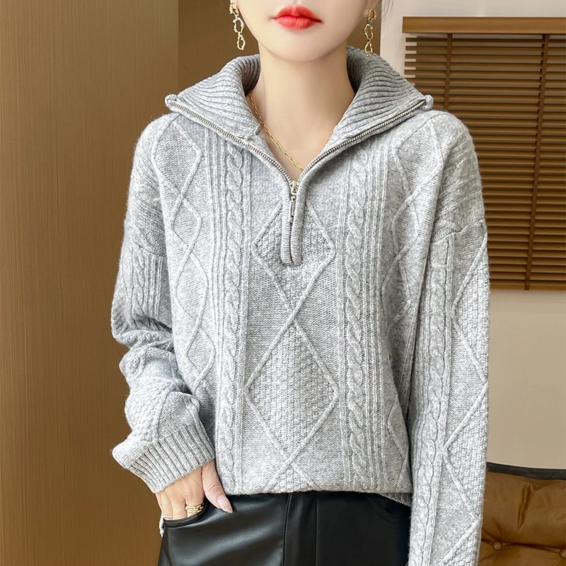 Autumn Winter Thick Women's Cashmere Sweater 100% Merino Wool Pullover shirt Half Zipper Collar Knitted Soft Women's Clothing