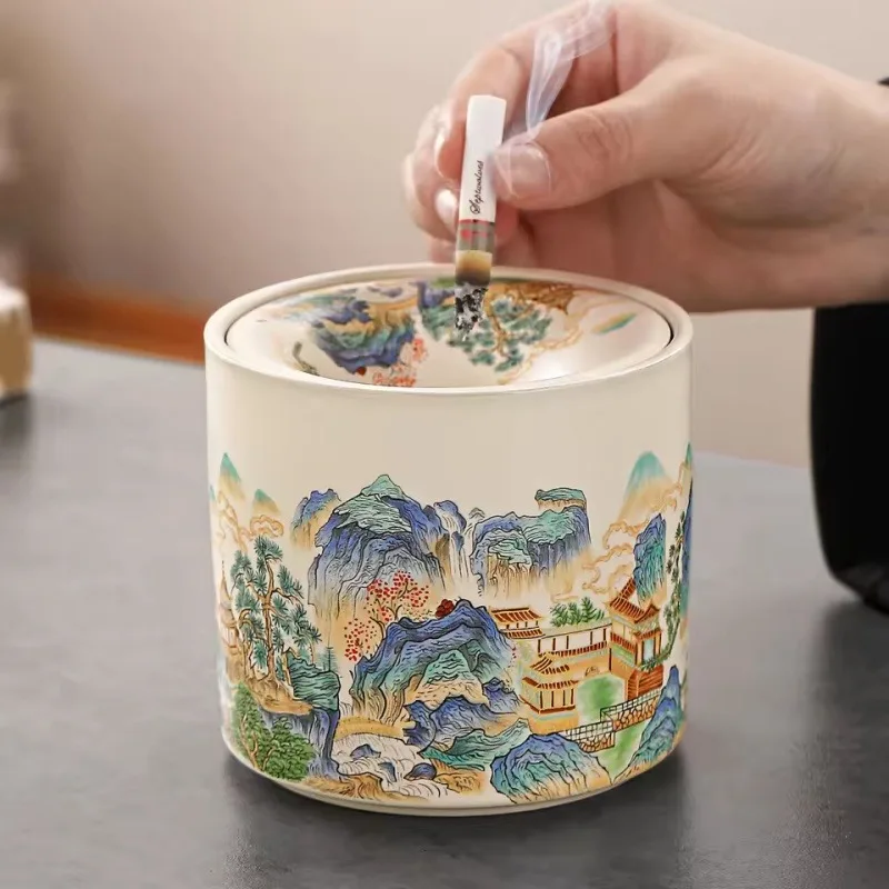Chinese Ru Kiln Ceramic Ashtray With Lid Funnel‑Shaped Anti‑Fly Ash Household Ash Tray Tea Residue Basin Home Ornament