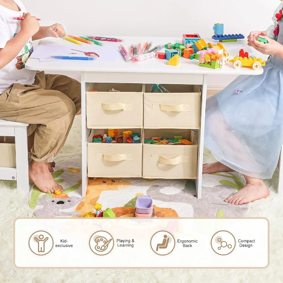 Zestaw stół i krzesła z 6 pojemnikami do przechowywania dla maluchów, drewniane meble z powierzchnią odporną na wodę, łatwa w czyszczeniu, pomysł na wyposażenie.